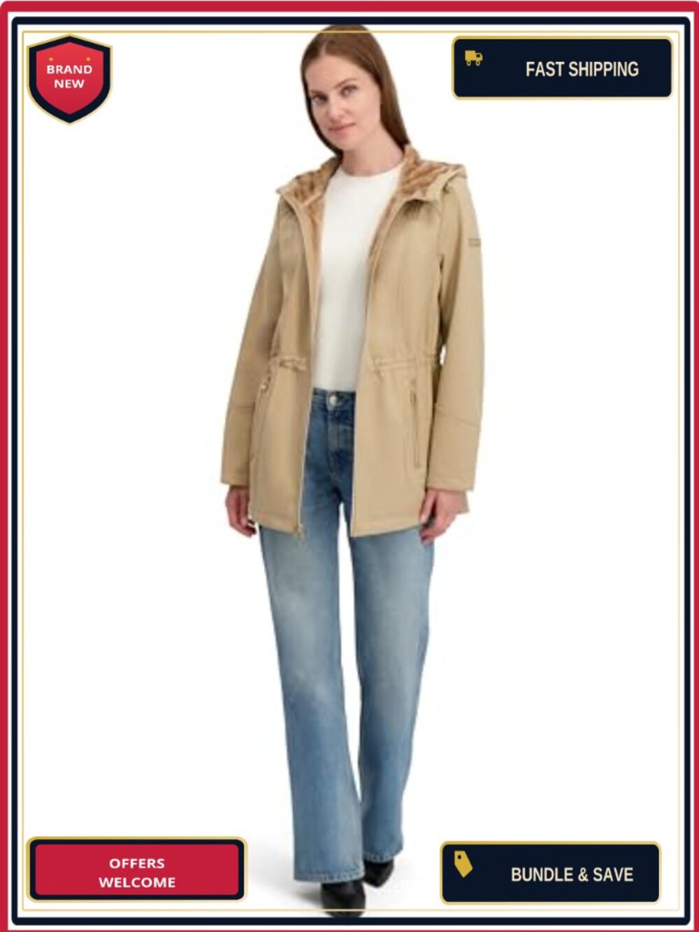 Softshell Jacket Water Resistant Faux Fur Lined Hooded Zip-Up